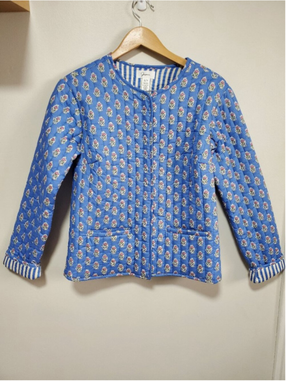 JAPNA Quilted Cotton Floral Jacket Blue Small Block Print Hook Front Cottagecore - Picture 2 of 14